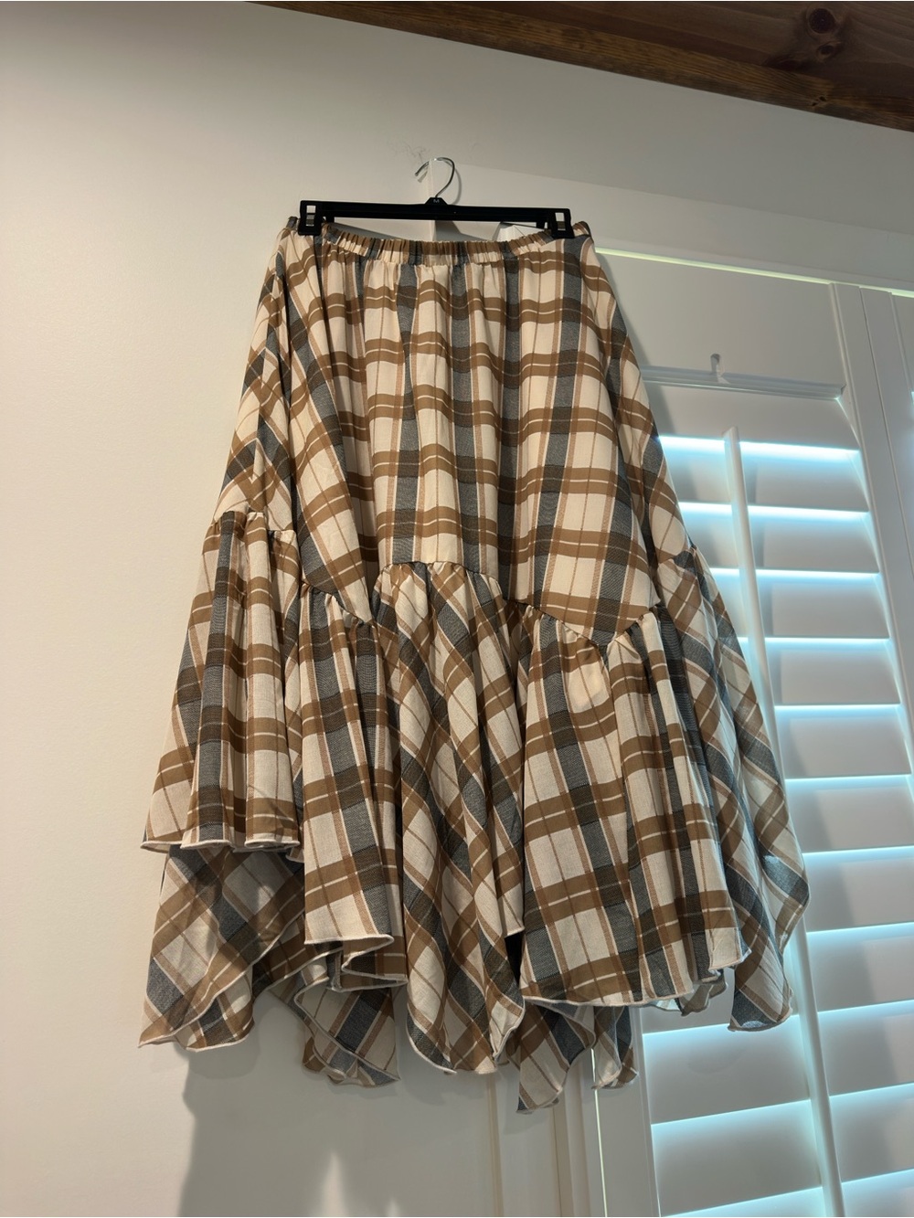 Blu Pepper Brown and White Asymmetrical Plaid Midi Skirt